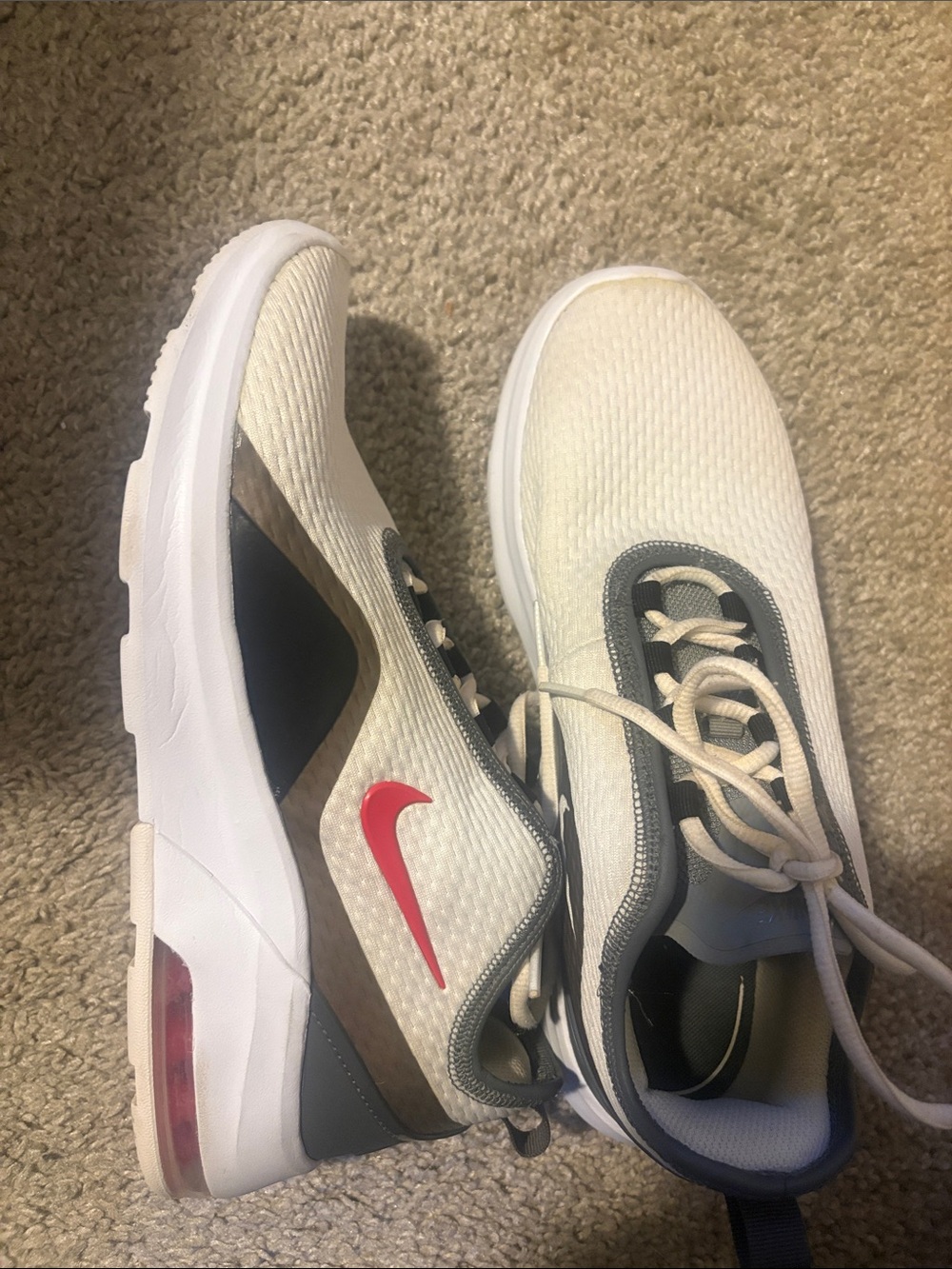 Nike Air Max Motion 2’s Men’s White Cream Sneakers with Red Swoosh, Men’s 7 1/2